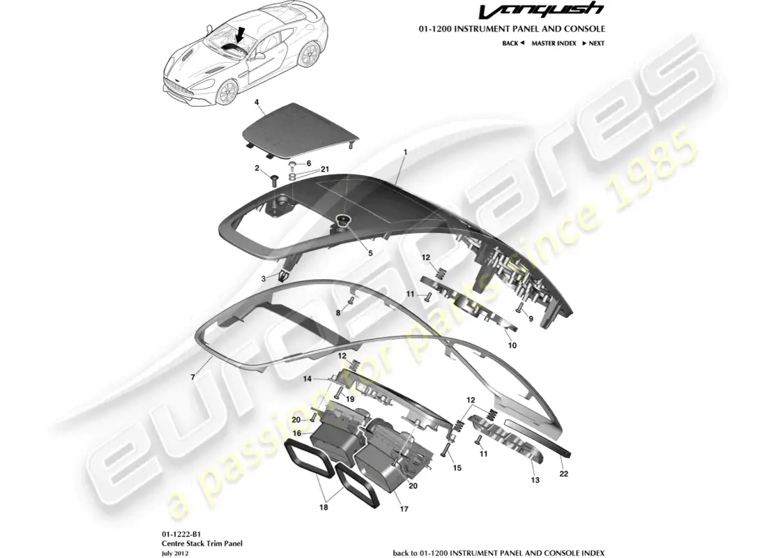 aston martin vanquish (2016) panel de moldura de la consola central diagrama de piezas