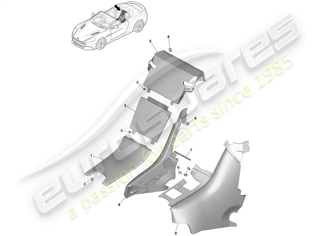 aston martin vanquish (2014) rear console, volante diagrama de piezas