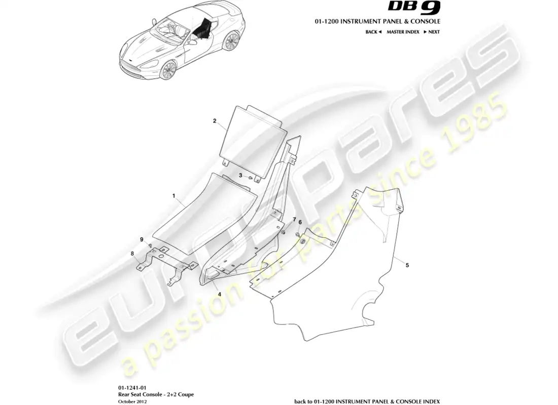 aston martin db9 (2016) consola trasera, cupé 2+2 diagrama de piezas