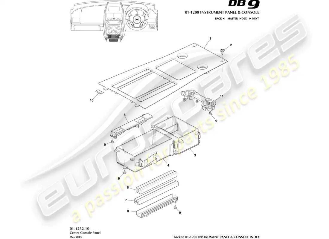aston martin db9 (2013) panel de consola central diagrama de piezas