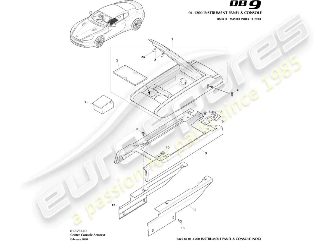 aston martin db9 (2016) apoyabrazos de la consola central diagrama de piezas