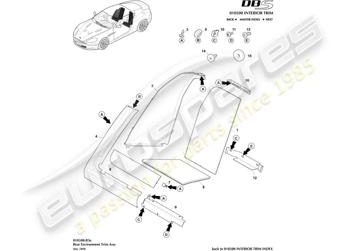 aston martin dbs (2014) ajuste del entorno trasero diagrama de piezas