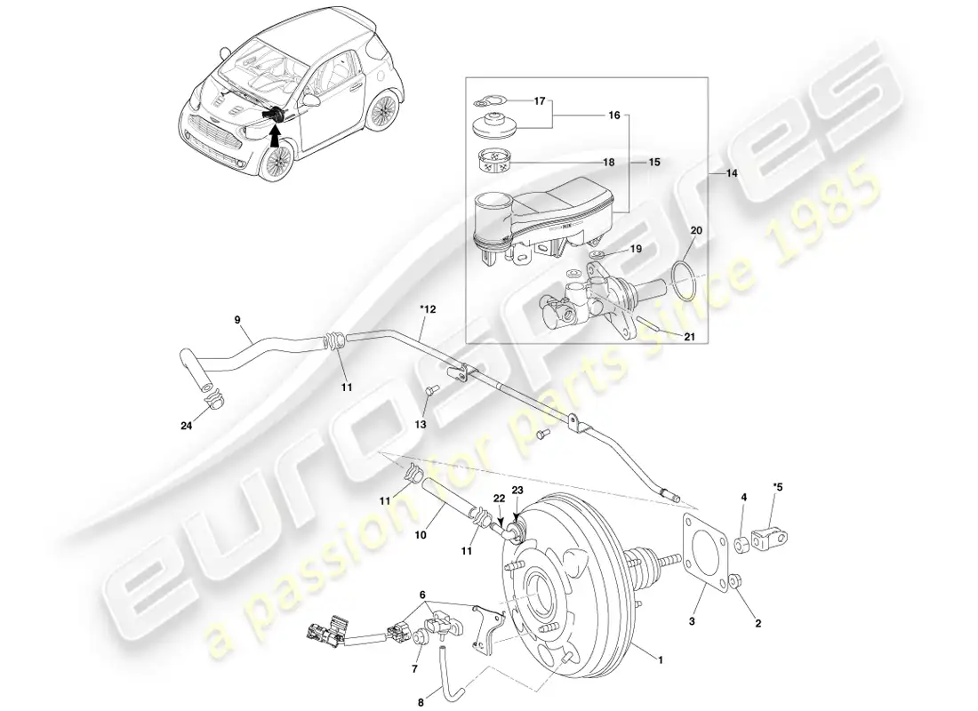 aston martin cygnet (2012) depósito de vacío y manguera lhd diagrama de piezas