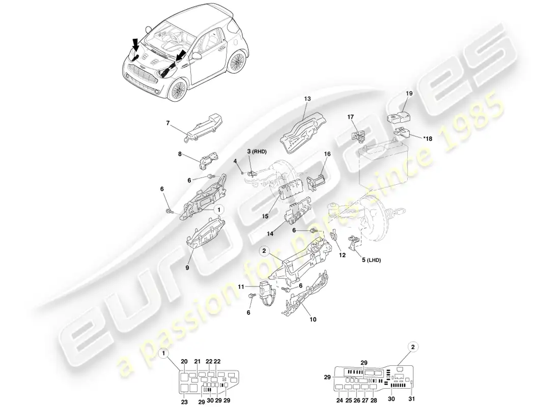 aston martin cygnet (2012) interruptores y relés diagrama de piezas
