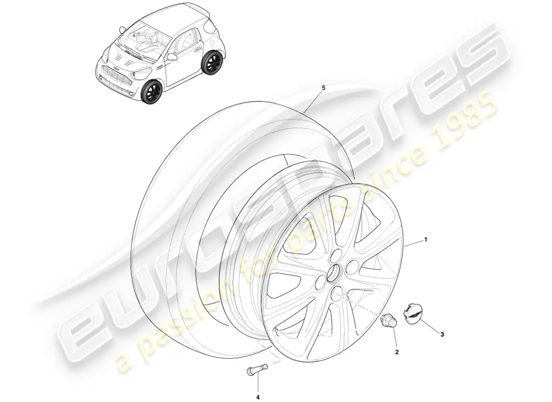 aston martin cygnet (2012) conjunto de ruedas y neumáticos diagrama de piezas