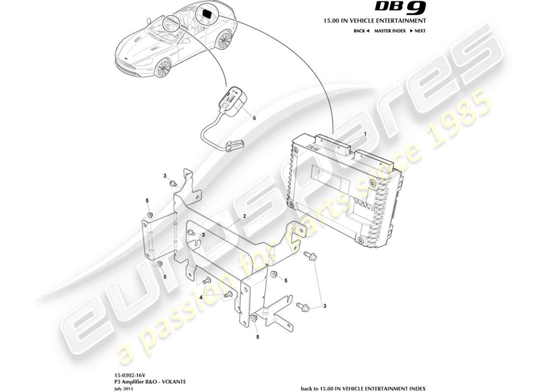 aston martin db9 (2015) p3 amplificadores, b&o, 16my, diagrama de piezas de volante