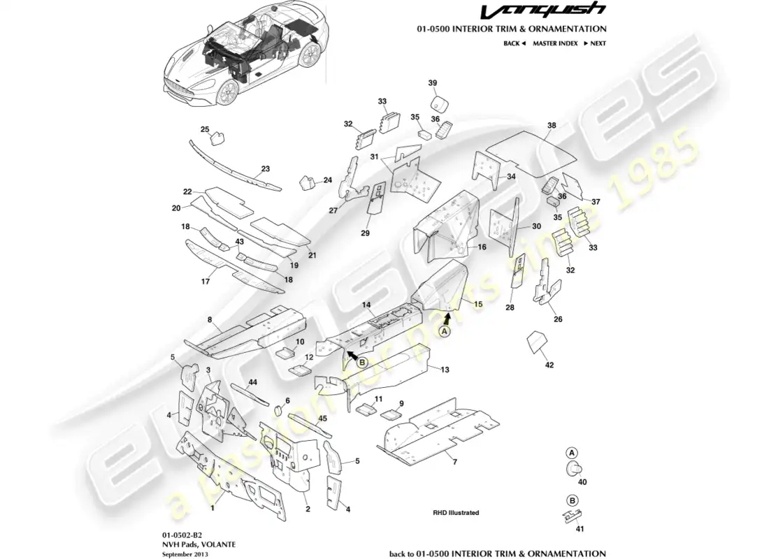 aston martin vanquish (2015) almohadillas nvh, volante diagrama de piezas