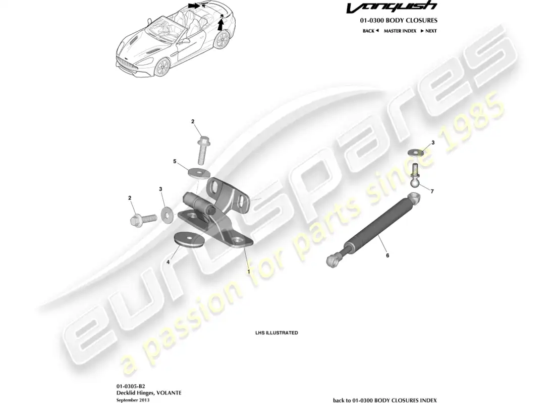 aston martin vanquish (2018) bisagras para tapa de maletero, volante diagrama de piezas