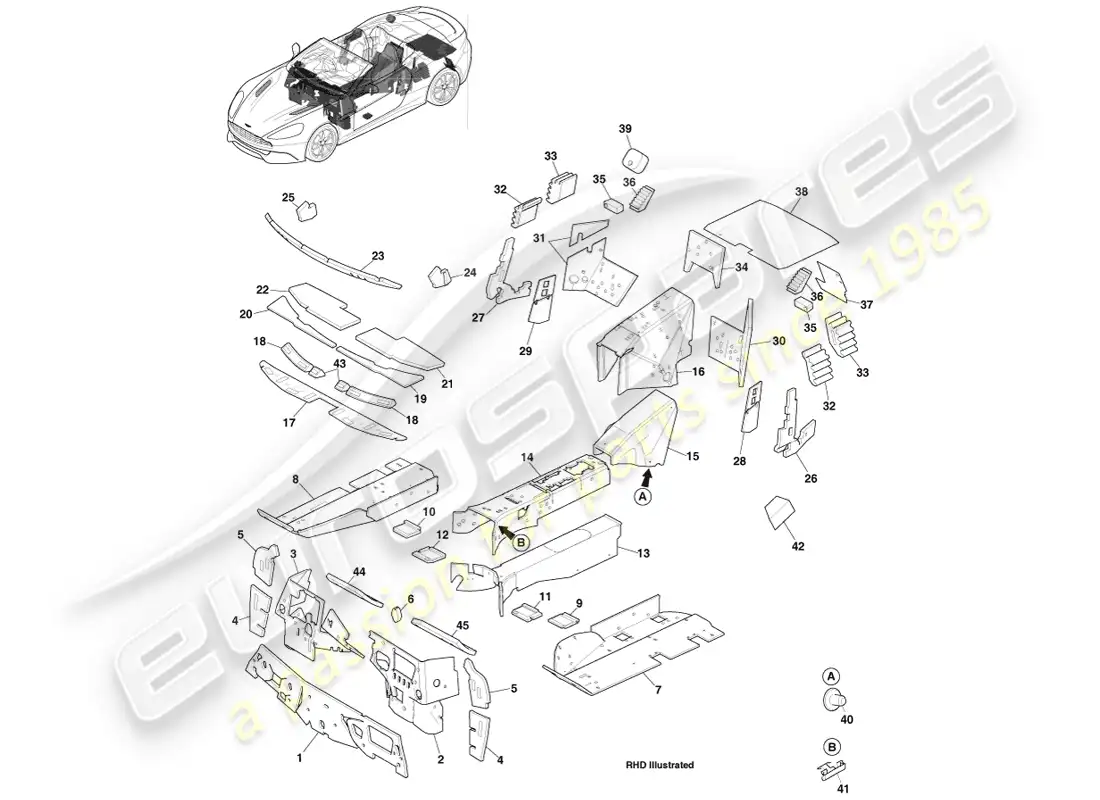 aston martin vanquish (2014) almohadillas nvh, volante diagrama de piezas