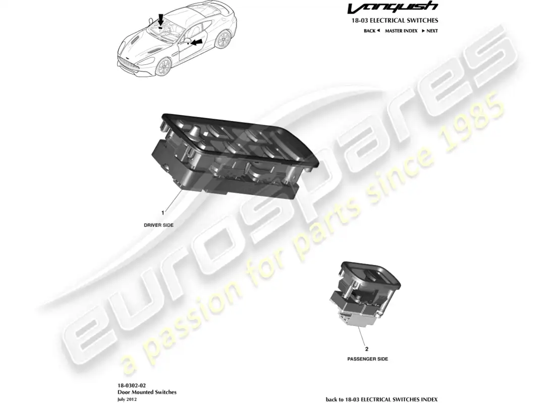aston martin vanquish (2015) interruptores montados en puerta diagrama de piezas