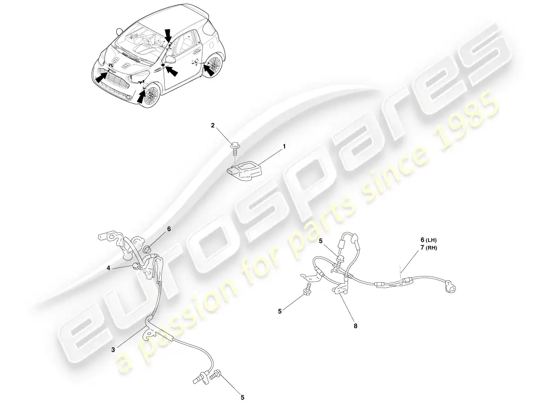 aston martin cygnet (2012) sensores de control electrónico de frenos diagrama de piezas