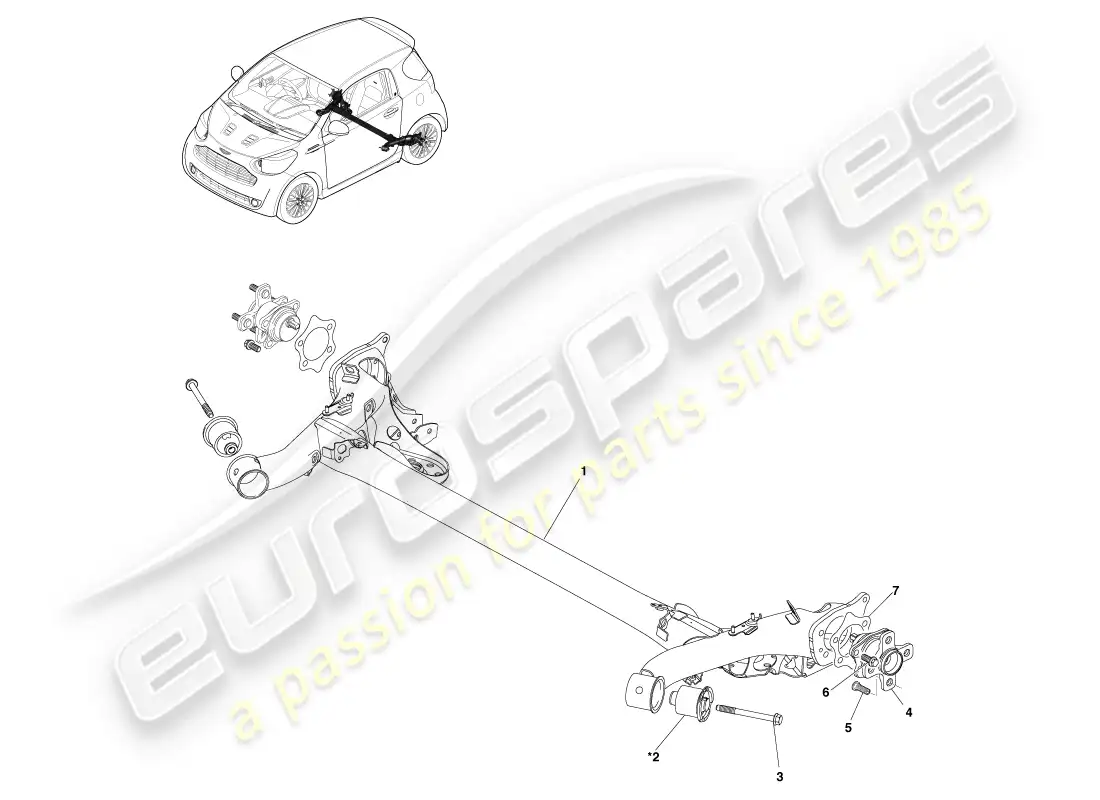 aston martin cygnet (2012) conjunto de viga de suspensión trasera diagrama de piezas