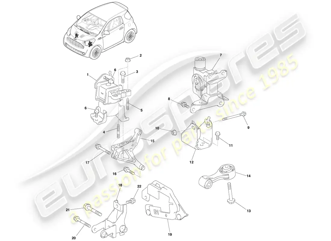 aston martin cygnet (2012) soportes del tren motriz - manual diagrama de piezas