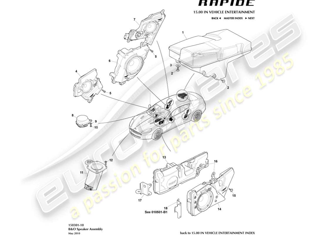 aston martin rapide (2014) altavoces, diagrama de piezas b&o