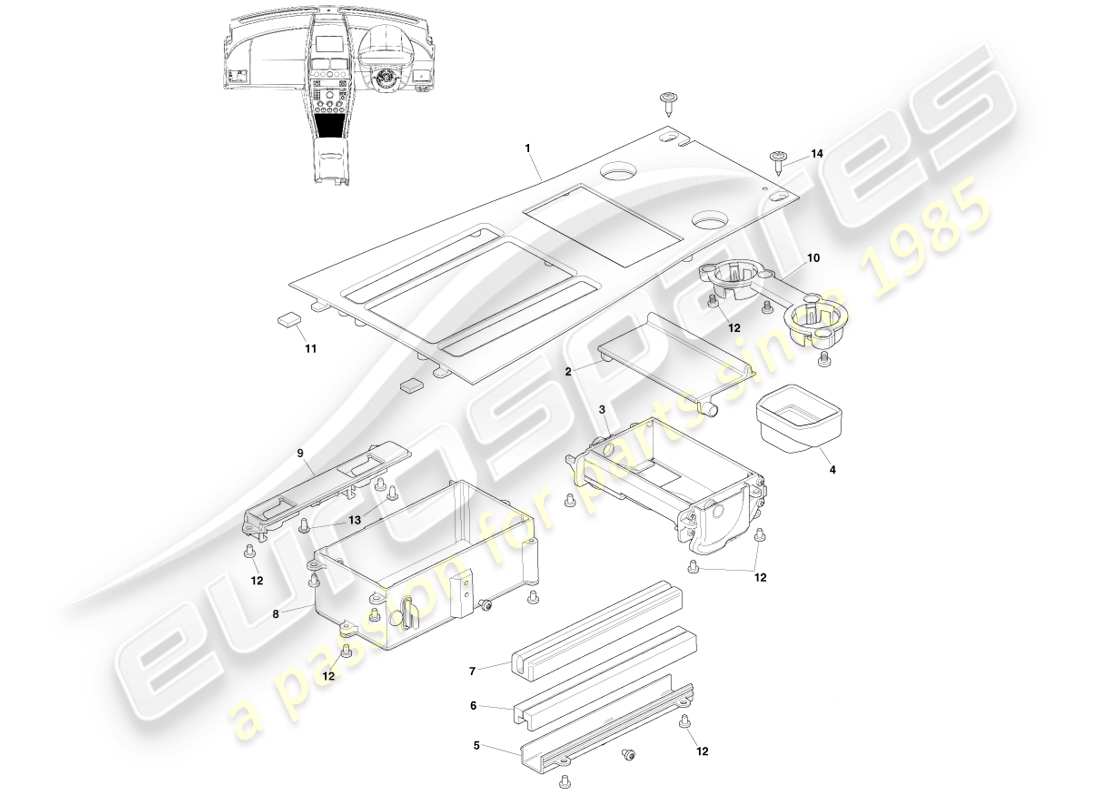aston martin v8 vantage (2005) consola frontal, asm, diagrama de pieza 16my