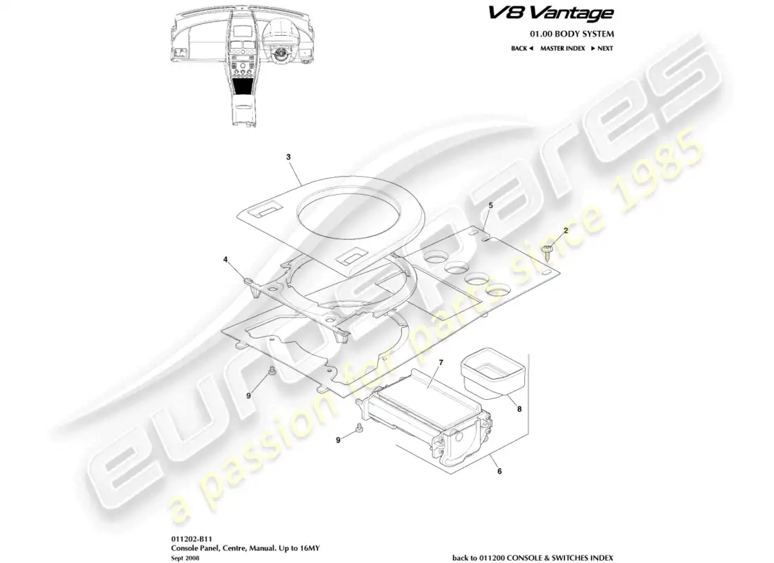 aston martin v8 vantage (2008) consola frontal, manual, a 16my diagrama de piezas