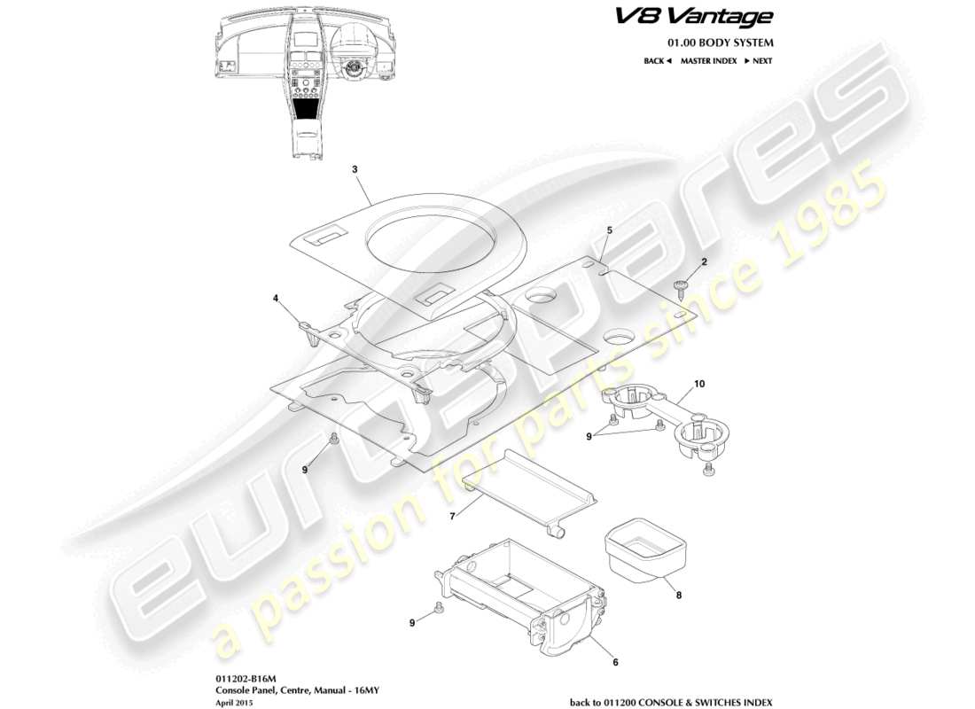 aston martin v8 vantage (2006) consola delantera, manual, 16my diagrama de piezas
