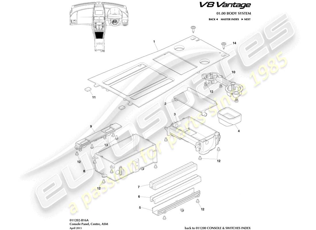 aston martin v8 vantage (2006) consola frontal, asm, diagrama de pieza 16my