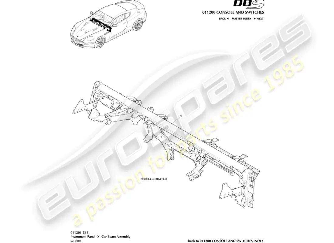 aston martin dbs (2013) viga transversal ip diagrama de piezas