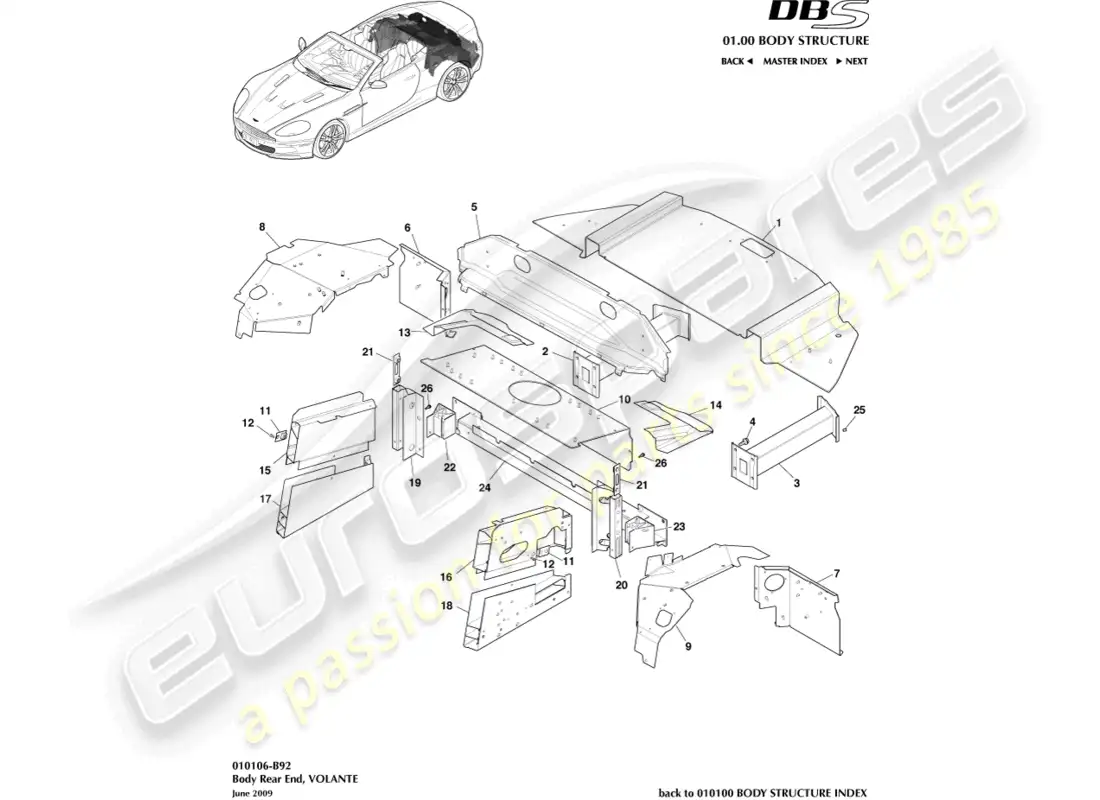 aston martin dbs (2007) body rear end, volante diagrama de piezas