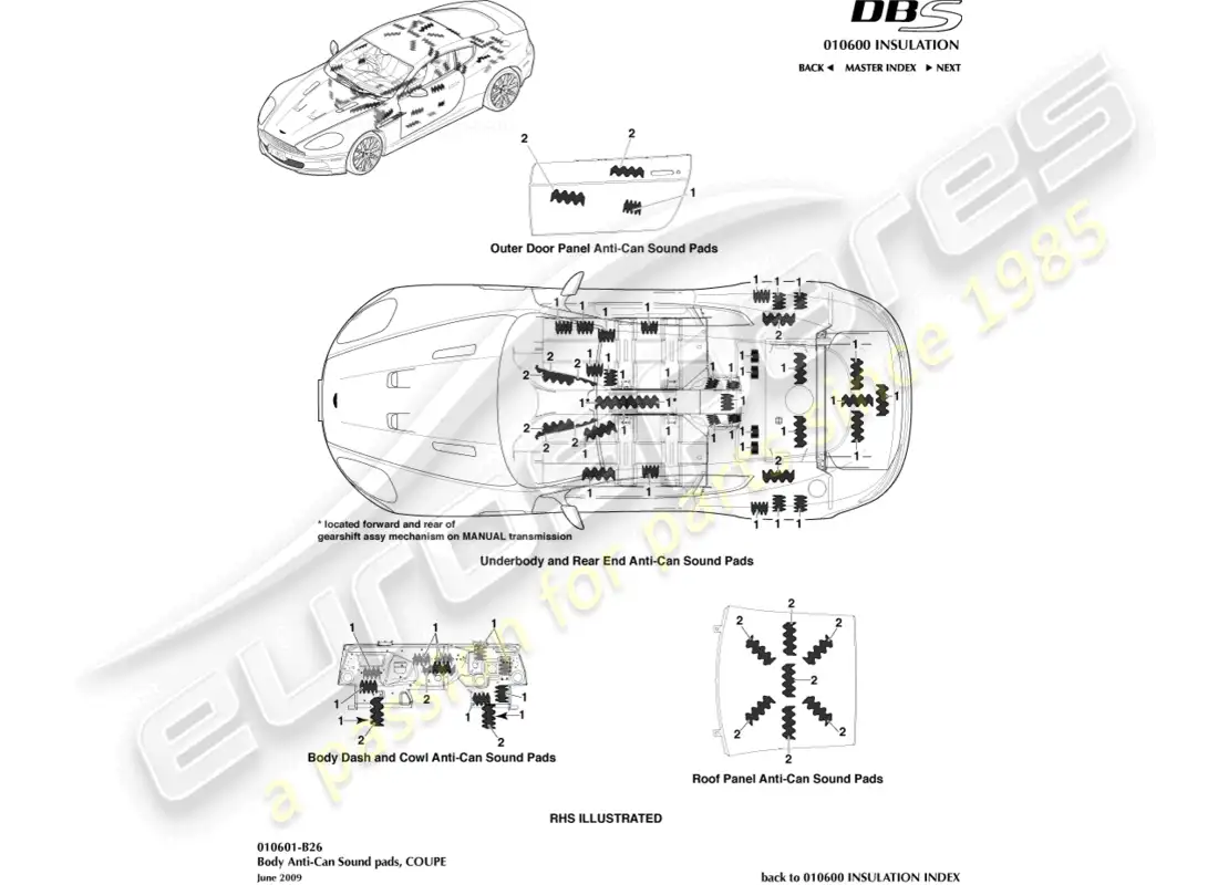 aston martin dbs (2014) almohadillas de sonido anti-can, cupé diagrama de piezas