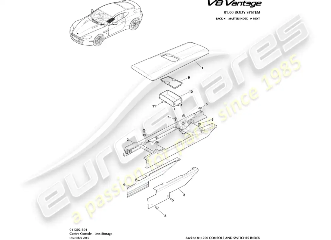 aston martin v8 vantage (2008) diagrama de piezas de consola central sin reposabrazos