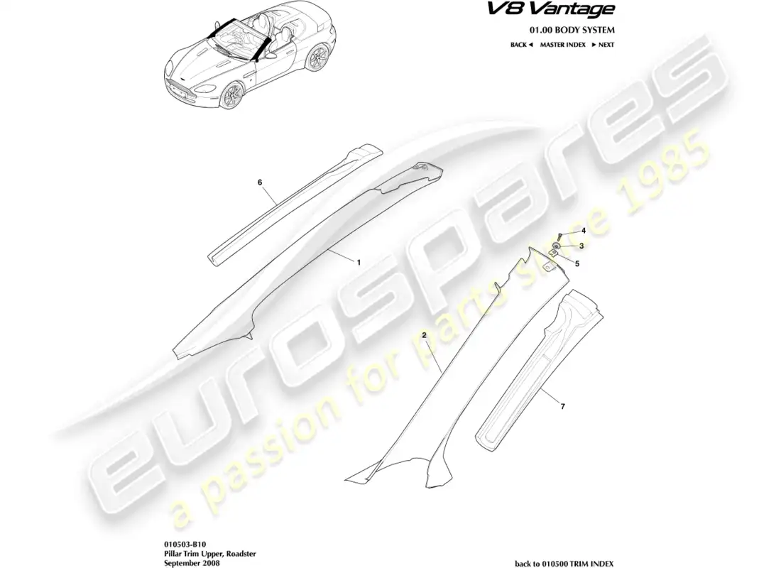 aston martin v8 vantage (2008) guarnición del pilar superior, diagrama de piezas del roadster