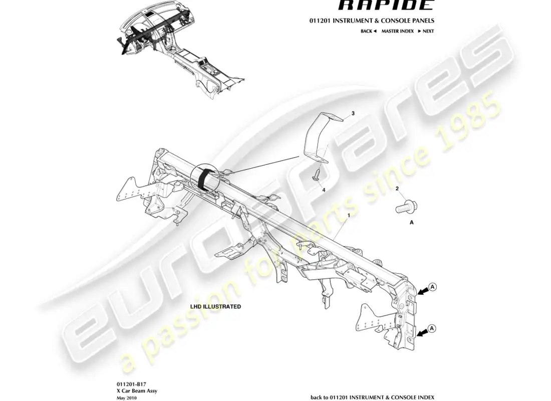 aston martin rapide (2014) viga transversal ip diagrama de piezas
