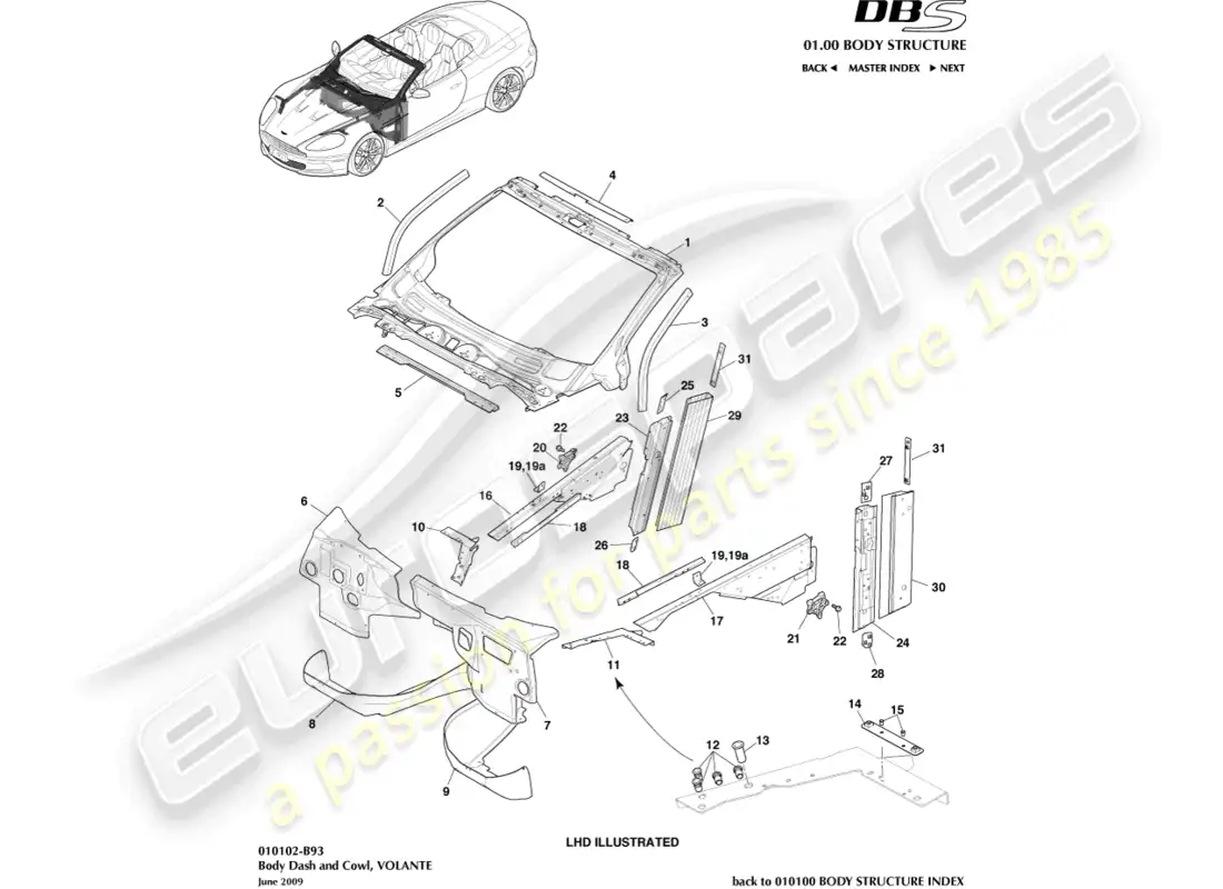 aston martin dbs (2007) carrocería y capó, volante diagrama de piezas