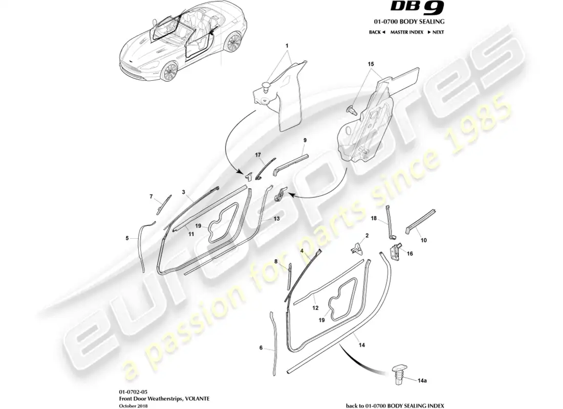 aston martin db9 (2017) burletes para puertas, volante diagrama de piezas