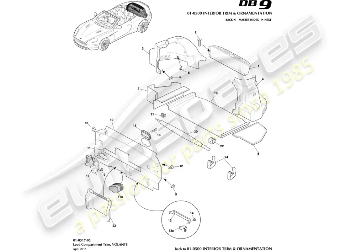 aston martin db9 (2014) embellecedor del compartimento de carga, volante diagrama de piezas