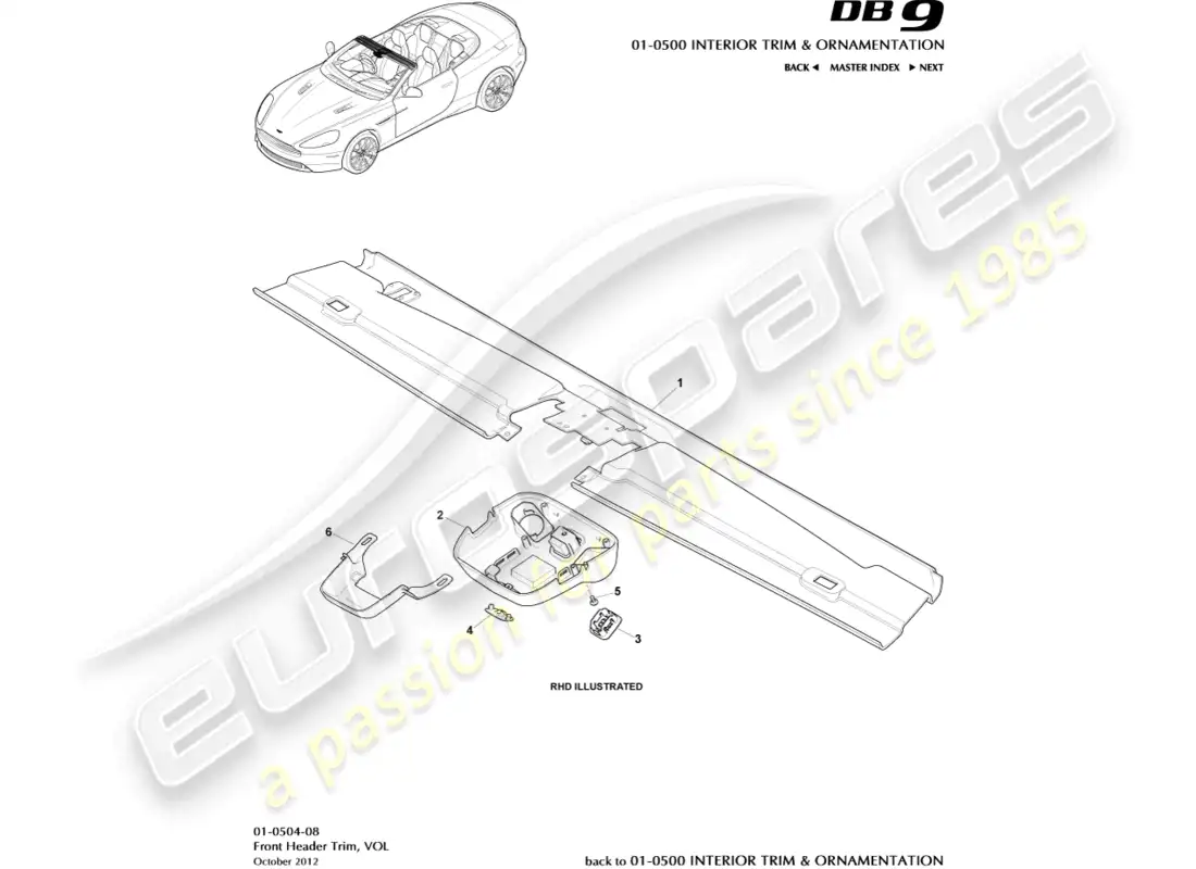 aston martin db9 (2013) embellecedor del cabezal delantero, volante diagrama de piezas
