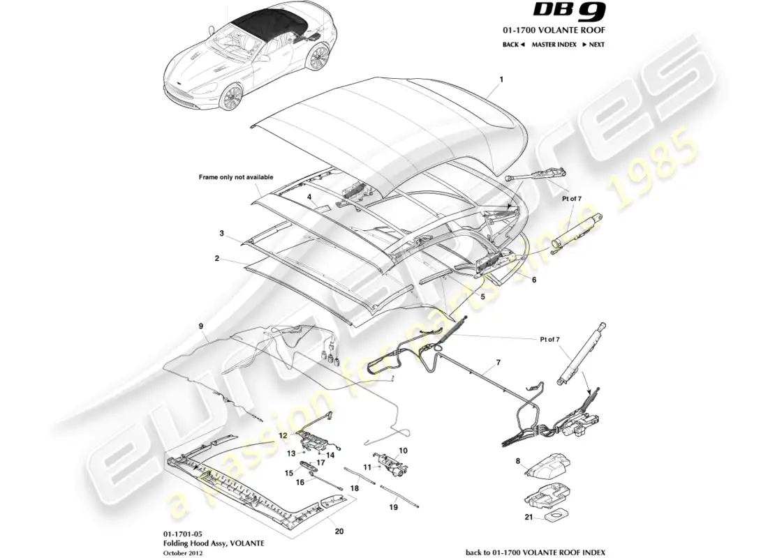 aston martin db9 (2016) montaje de techo volante diagrama de piezas