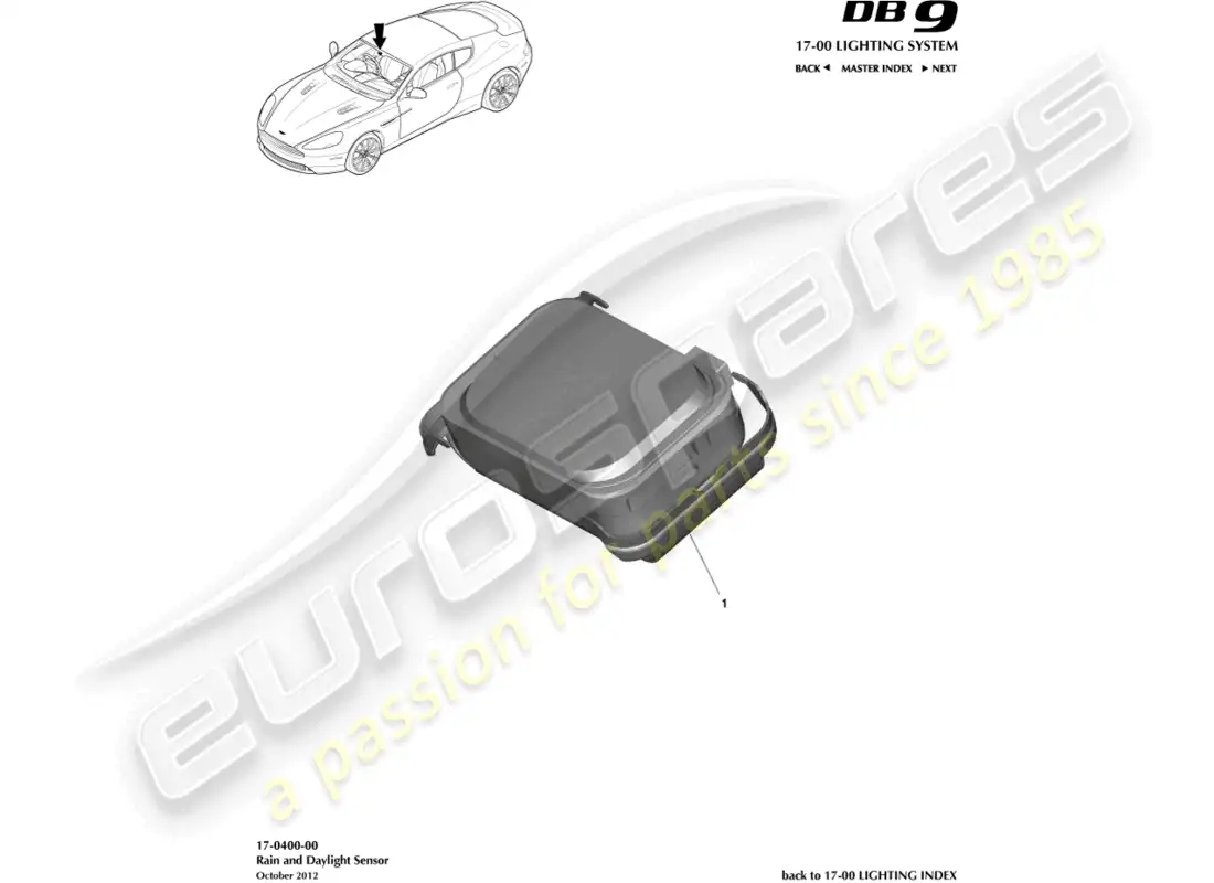 aston martin db9 (2017) sensor de lluvia y luz diurna diagrama de piezas