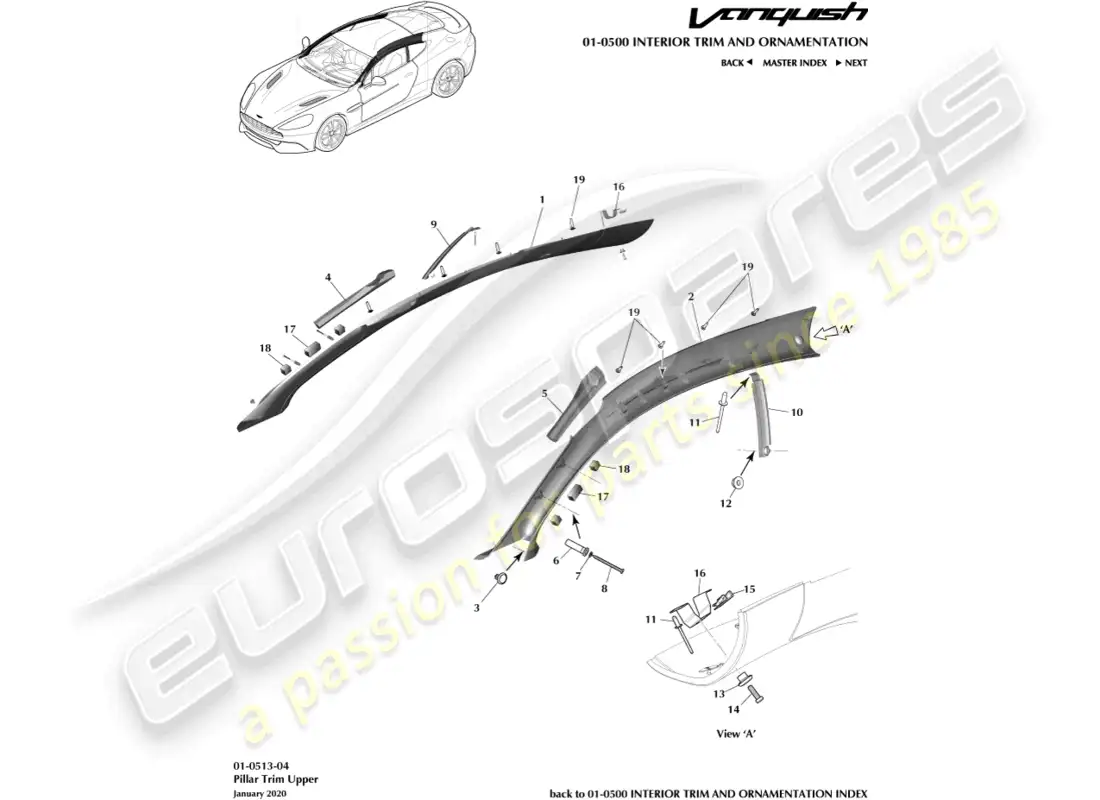 aston martin vanquish (2017) moldura de pilar, superior, cupé diagrama de piezas