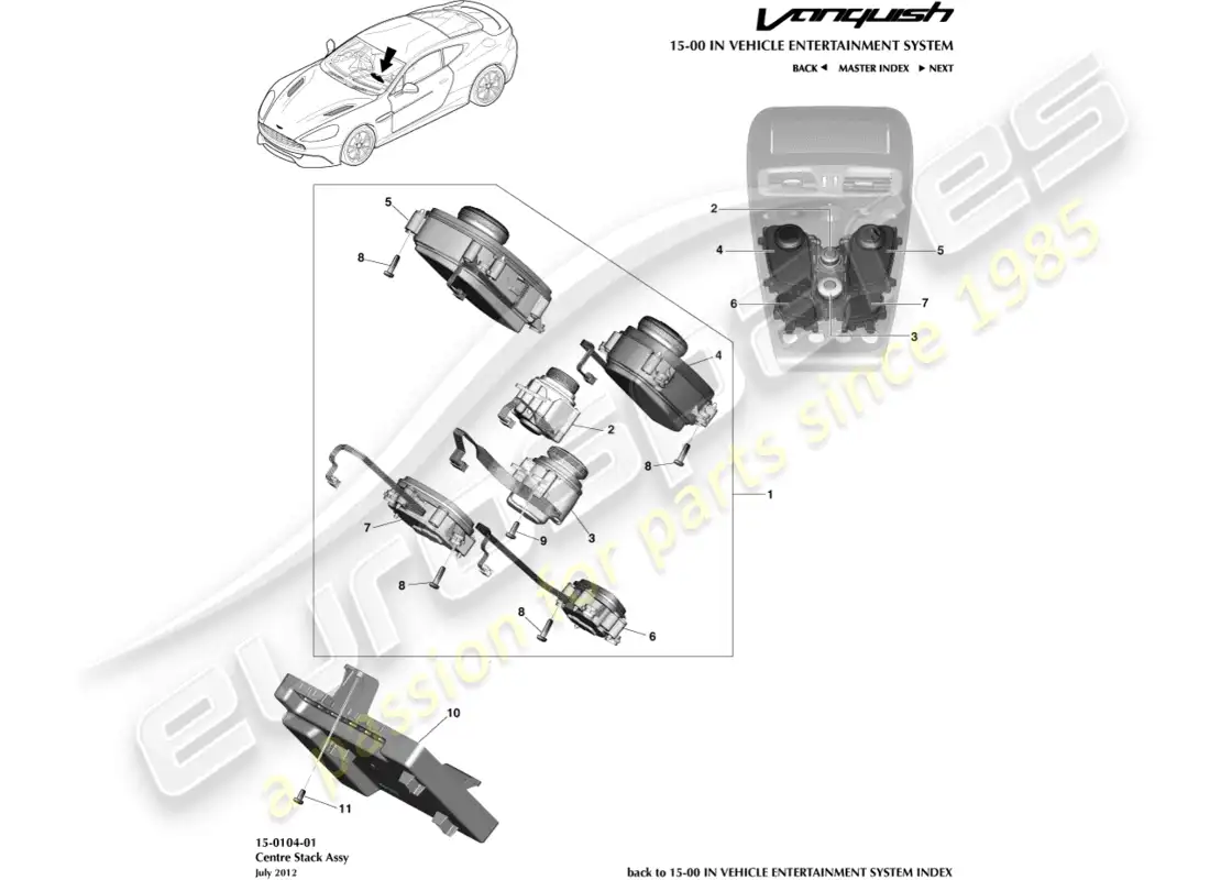aston martin vanquish (2018) controles de infoentretenimiento diagrama de piezas