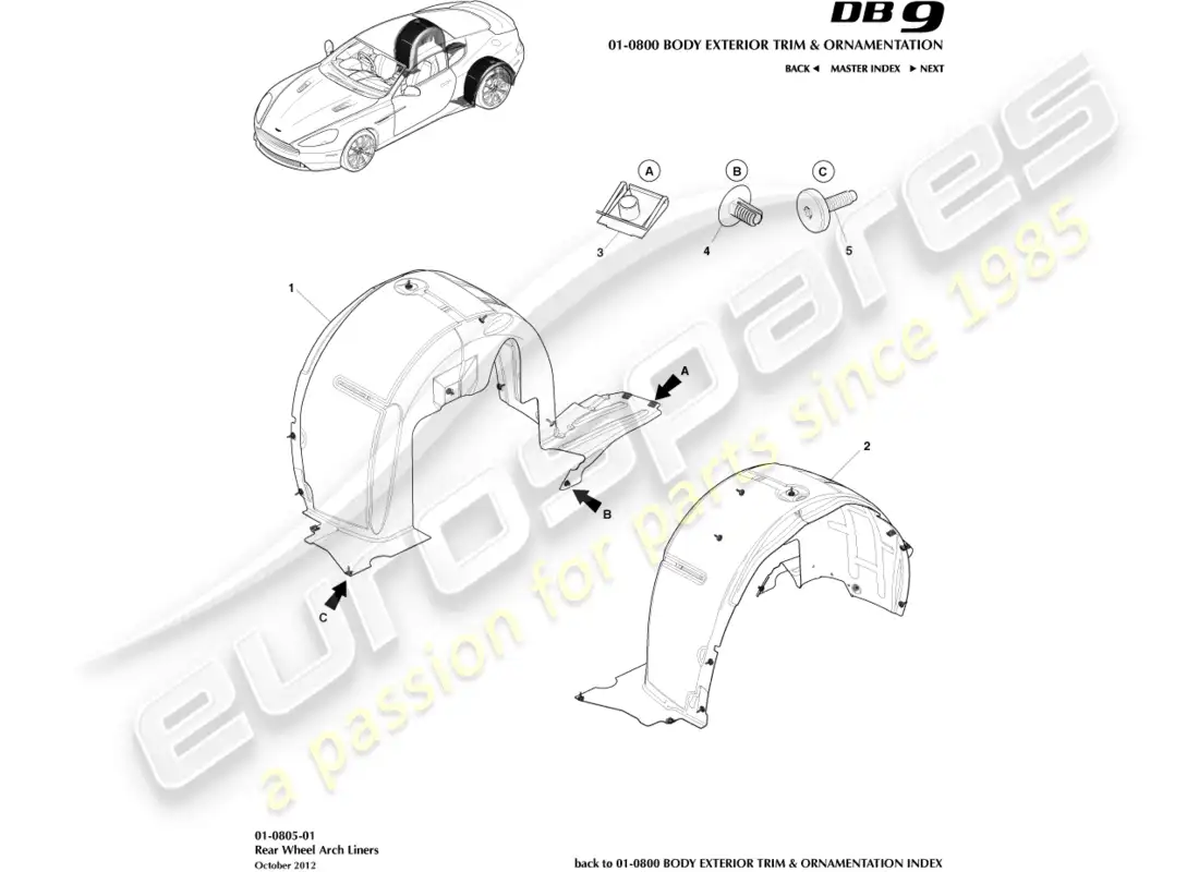 aston martin db9 (2014) revestimientos de pasos de rueda delantera diagrama de piezas