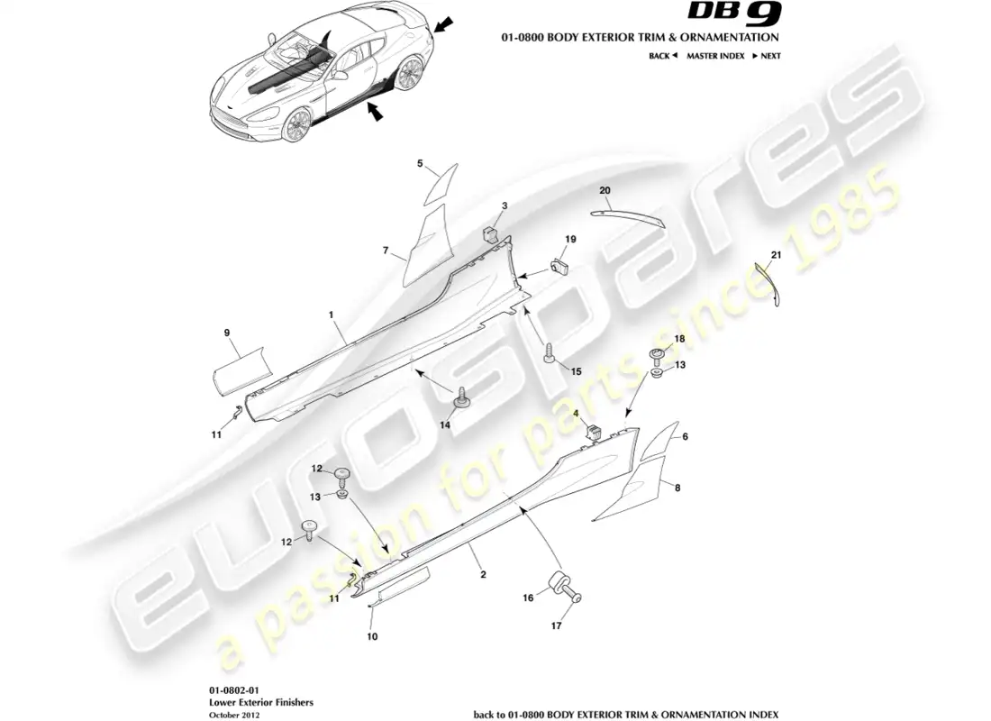 aston martin db9 (2017) acabados exteriores inferiores diagrama de piezas
