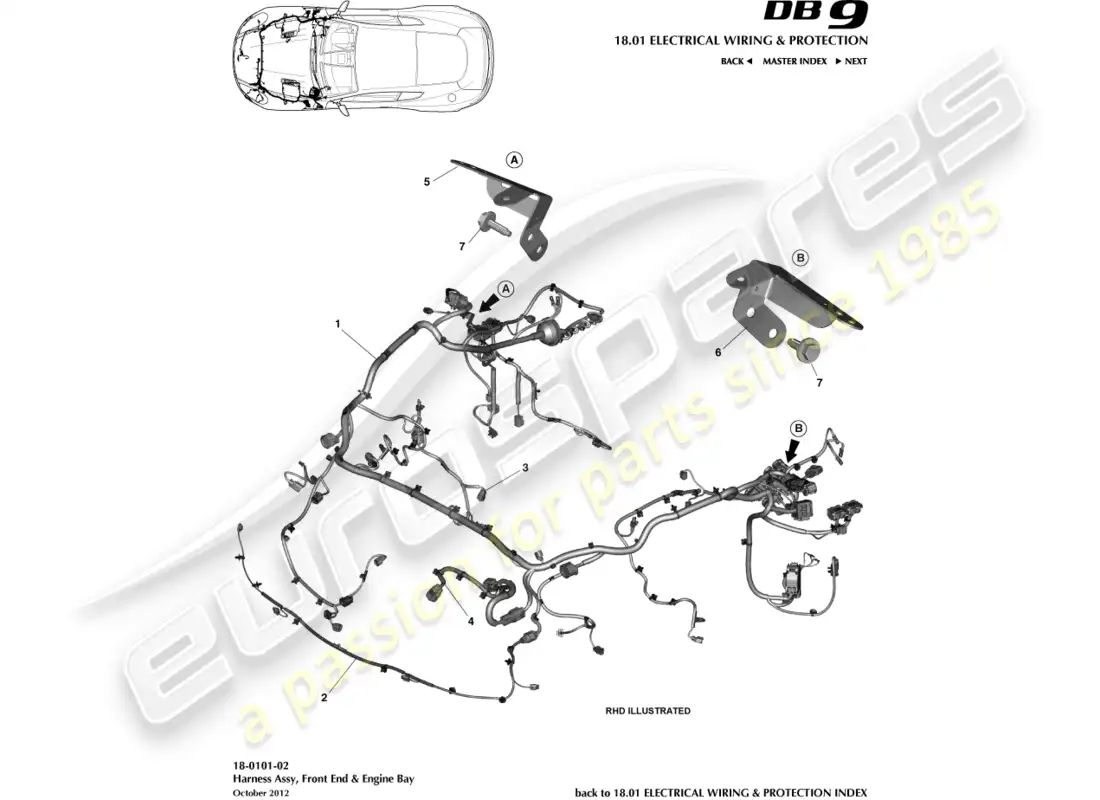 aston martin db9 (2017) arnés del compartimento delantero y del motor diagrama de piezas
