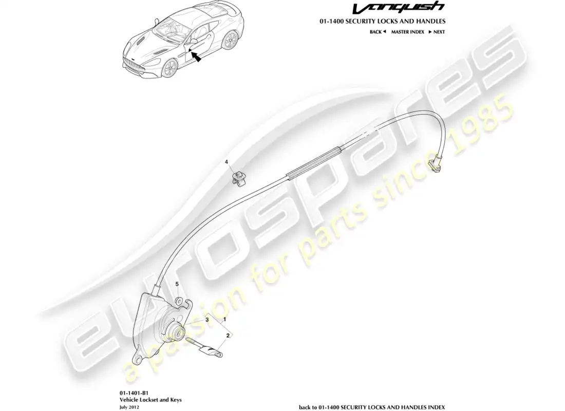 aston martin vanquish (2016) juego de cerradura y llaves diagrama de piezas