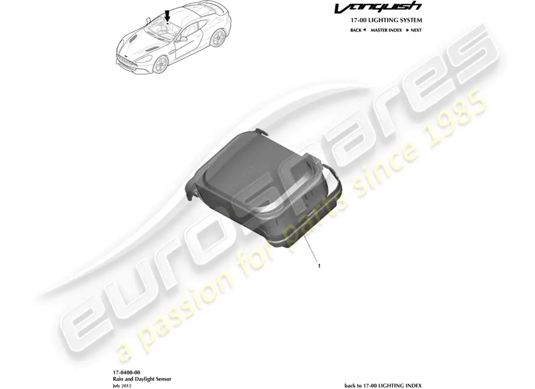 aston martin vanquish (2015) sensor de lluvia y luz diurna diagrama de piezas