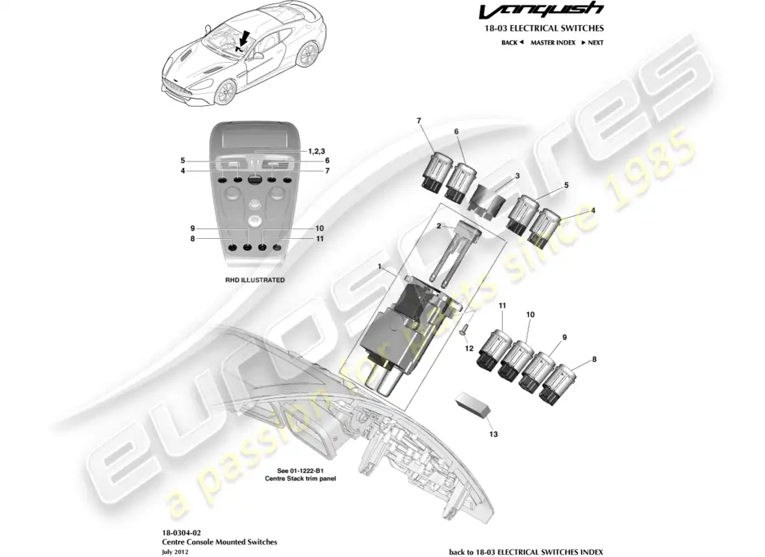 aston martin vanquish (2017) interruptores de consola central diagrama de piezas