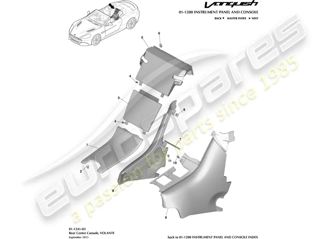 aston martin vanquish (2016) rear console, volante diagrama de piezas