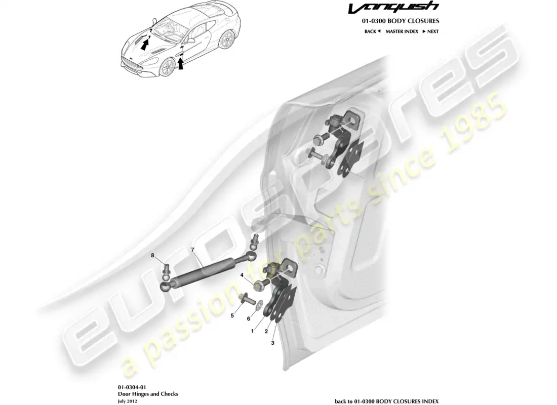 aston martin vanquish (2018) conjunto de bisagra de puerta diagrama de piezas