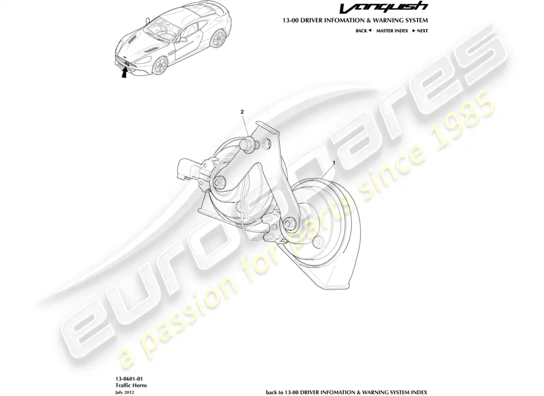 aston martin vanquish (2016) bocina de tráfico diagrama de piezas