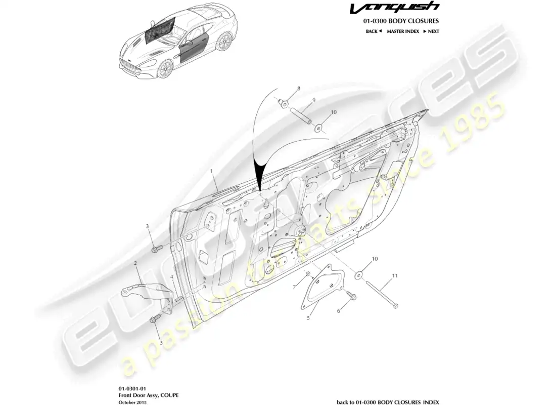 aston martin vanquish (2015) montaje de la puerta principal diagrama de piezas