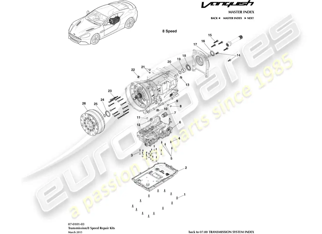 aston martin vanquish (2015) kits de transmisión, 8 velocidad diagrama de piezas