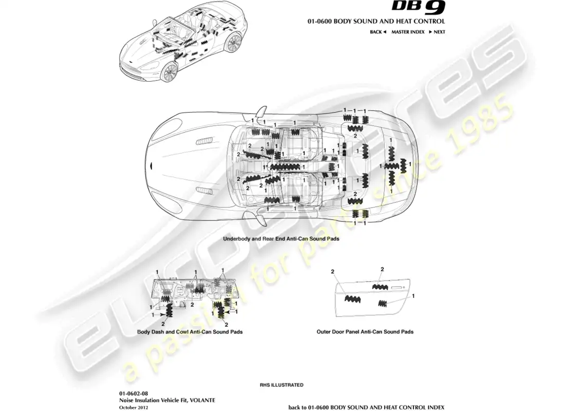 aston martin db9 (2014) aislamiento acústico, volante diagrama de piezas