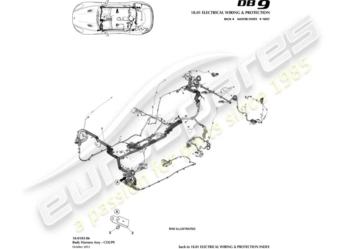 aston martin db9 (2014) arnés corporal, cupé diagrama de piezas