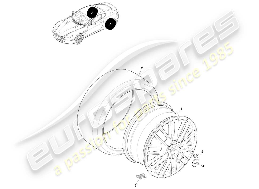 aston martin v8 vantage (2005) ruedas y neumáticos traseros, diagrama de piezas de 09my a 12.25my